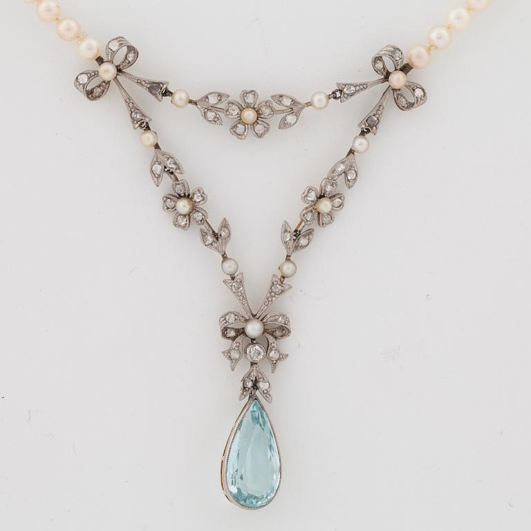 A circa 6.00 ct aquamarine, rose cut diamond and pearl necklace.