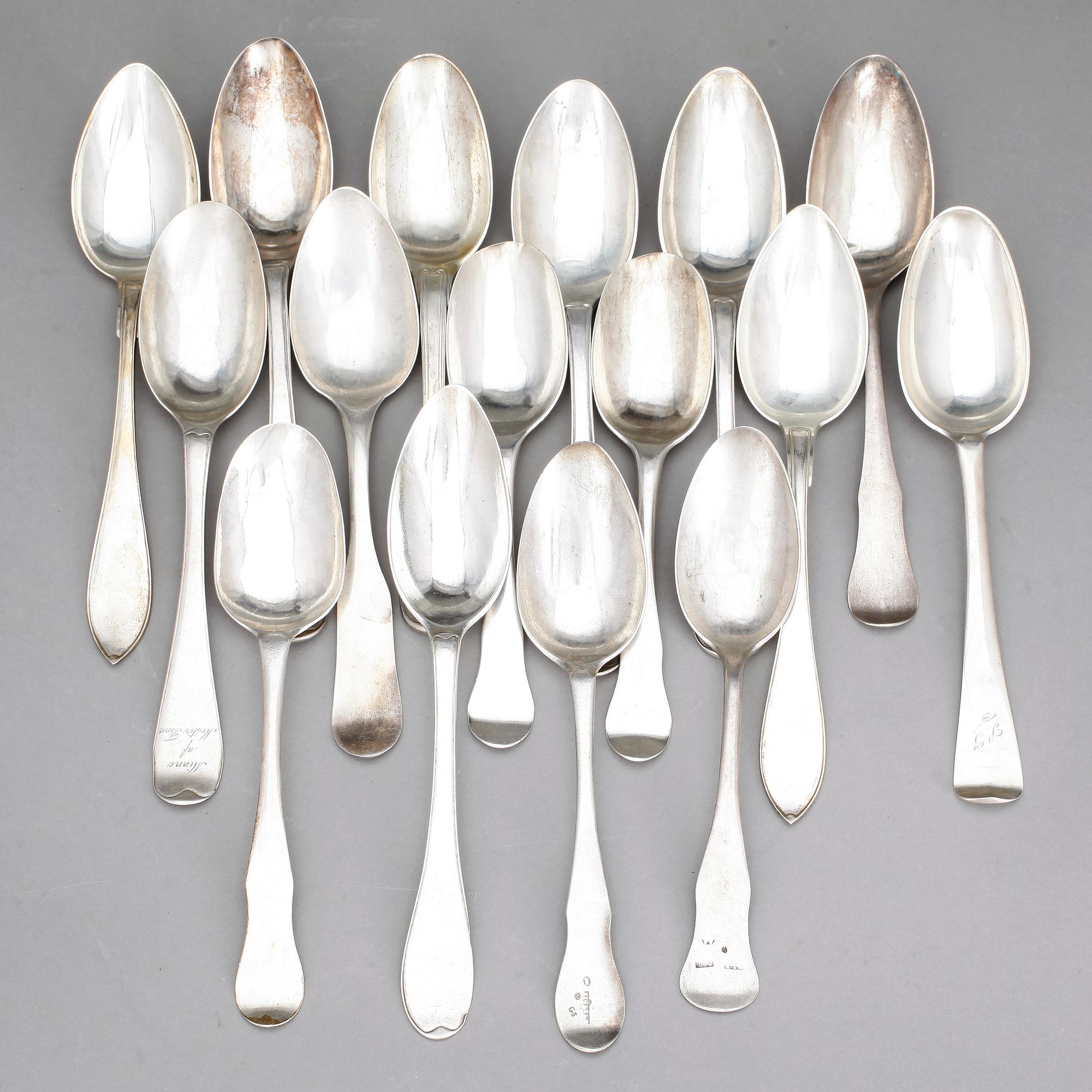 MATSKEDAR, 16 st olika, silver, olika mästare och städer, bla Anders Törnqvist dä, Åbo, 1700-1900-tal. Tot ca 826 gram.