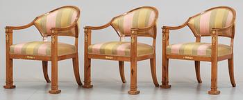 A set of Swedish Empire early 19th Century furniture comprising six armchairs, one sofa and one table.