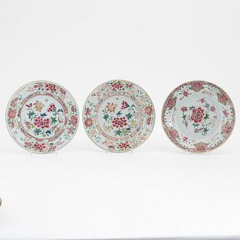 A group of nine Chinese famille rose porcelain plates, Qing dynasty, Yongzheng (1723-35) and Qianlong (1736-95).