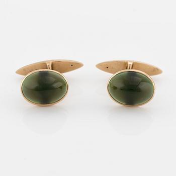 Cufflinks, one pair. 14K gold with cabochon-cut green stone, Russia.