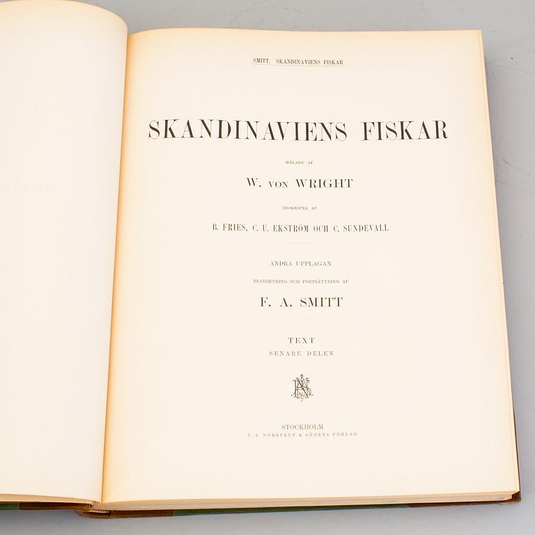 BOKVERK, 3 volymer, I+II+planschdel, "Skandinaviens Fiskar", FA Smitt, illustrerad av W von Wright, 2:a upplagan, 1895.