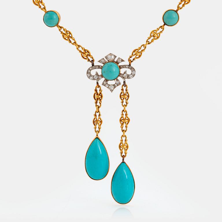 An 18K gold and platinum necklace set with turquoises and old-cut diamonds.