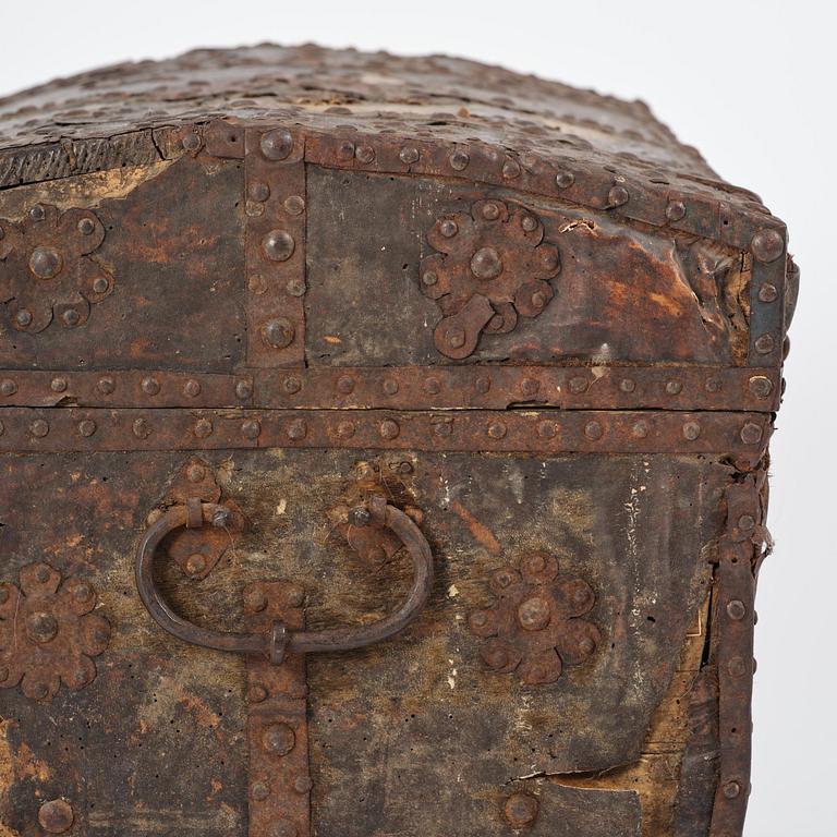 A Dutch baroque iron-bound and leather clad chest, later part 17th century.