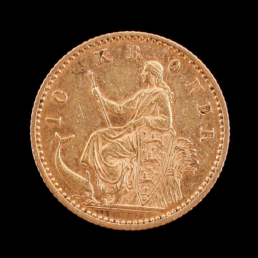 GULDMYNT, Christian IX, 10 kroner, Danmark, 1900. Vikt ca 4 gram.