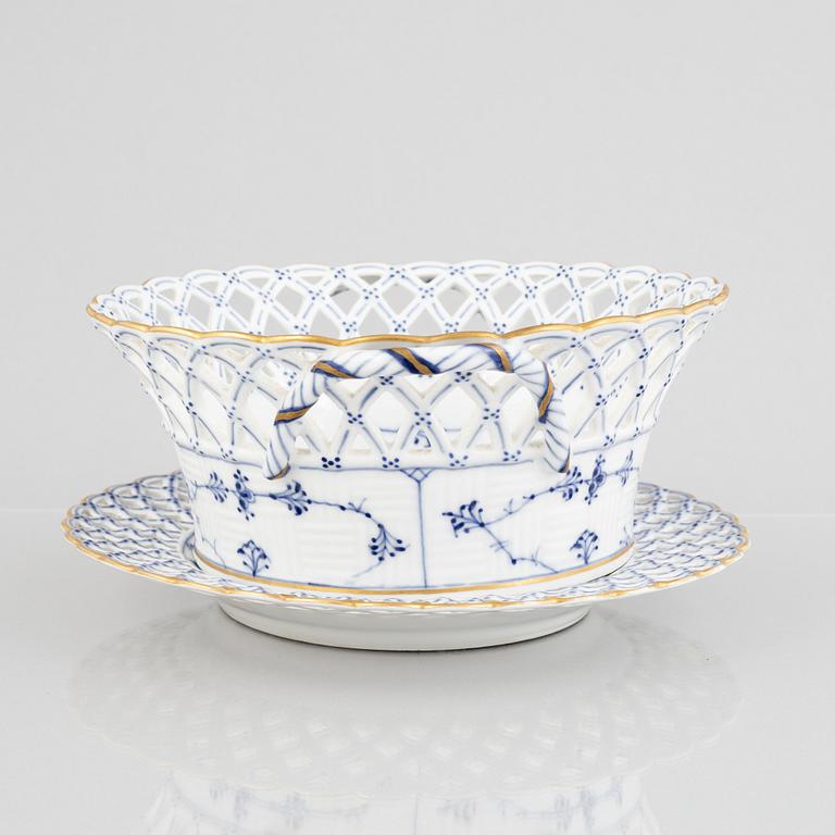 A 'Blue Fluted Full Lace' porcelain Fruit Bowl and Stand, Royal Copenhagen, model number 1052 and 1099, 1893-23.