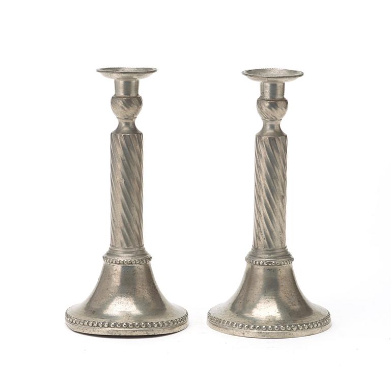 A pair of Gustavian pewter candlesticks by E P Krietz 1797.