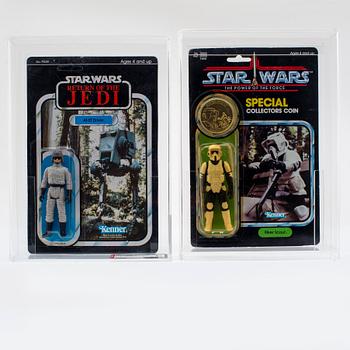 STAR WARS, Biker Scout POTF 92 back & AT-ST Driver ROTJ 77 back-b AFA 80 NM, Kenner 1984.