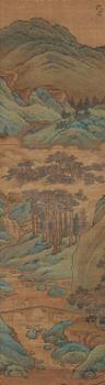 RULLMÅLNING, Qing dynastin (1644-1912). Vandrare i berg- och flodlandskap, i Shen Zhous (1427-1509) art.