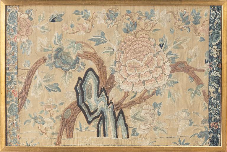 A pair of silk embroideries, China, Qing dynasty, 19th century.