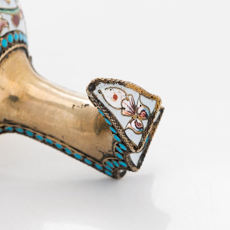 A gilt silver cloisonné enamel kovsh, unidentified Cyrillic maker's mark IGT, Moscow  1898-1914.