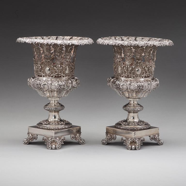 A pair of Swedish mid 19th century silver urns, mark of Fredrik and Wilhelm Zethelius, Stockholm 1840.