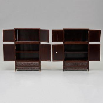 A pair of Chinese hardwood cupboards, late Qing dynasty (1644-1912).