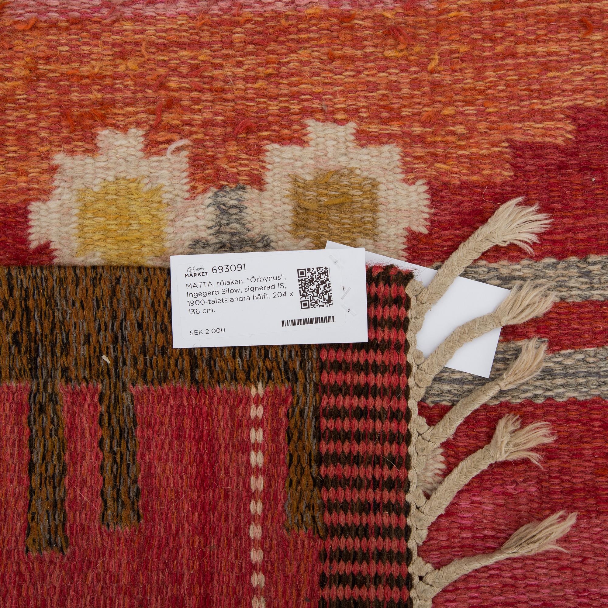 MATTA, rölakan, "Örbyhus", Ingegerd Silow, signerad IS, 1900-talets andra hälft, 204 x 136 cm.