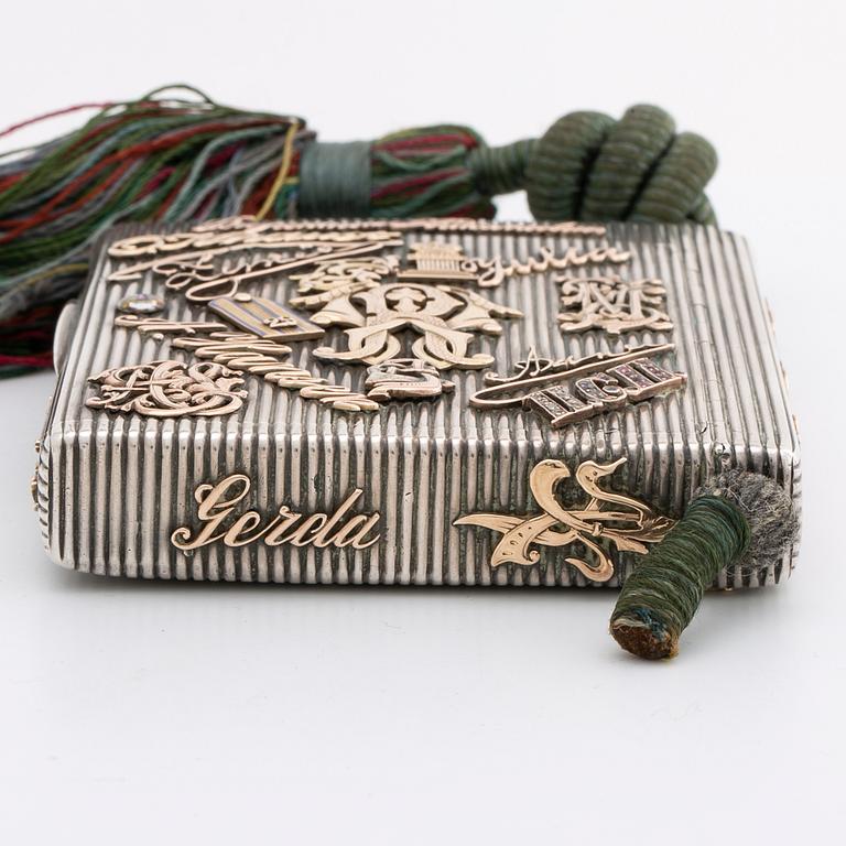 Silver box, gold, enamel, rose-cut diamonds, saphires and rubies (possibly synthetic), silk chord, St Petersburg.