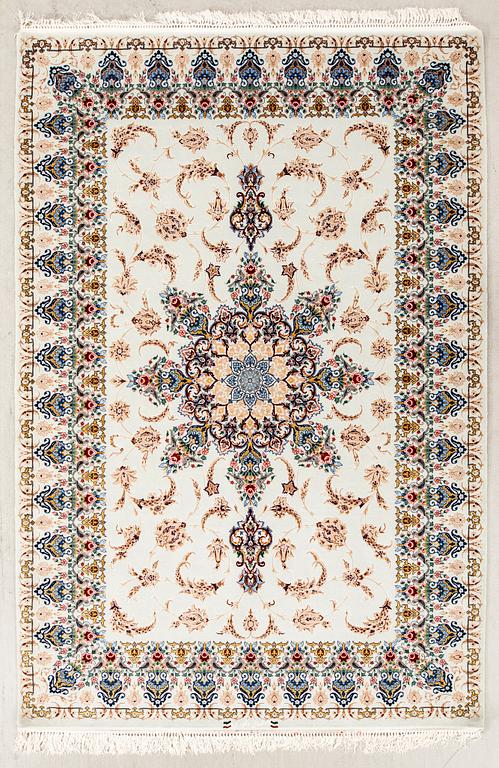 An old isfahan carpet part silk signed approx 222x148 cm.