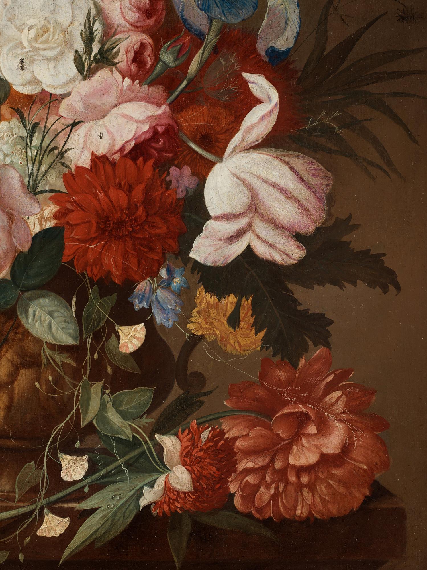Jan van Os Tillskriven, Blomsterstilleben med gul fjäril och slända.