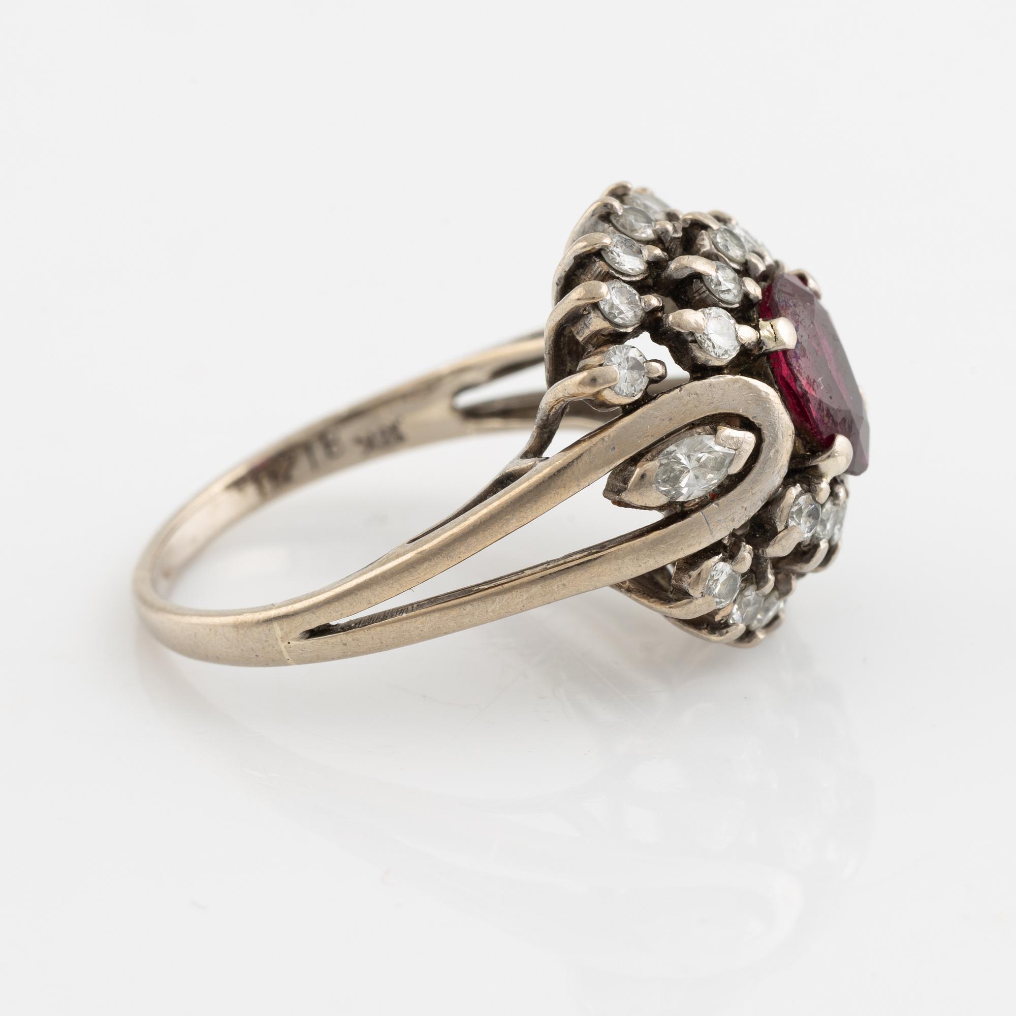 18K white gold, brilliant cut diamond and synthetic ruby ring.