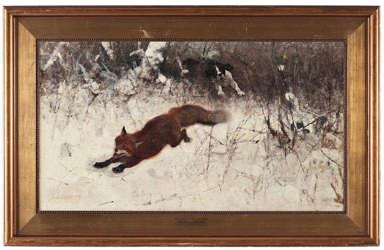 Bruno Liljefors, Winter hunt with fox and hounds.