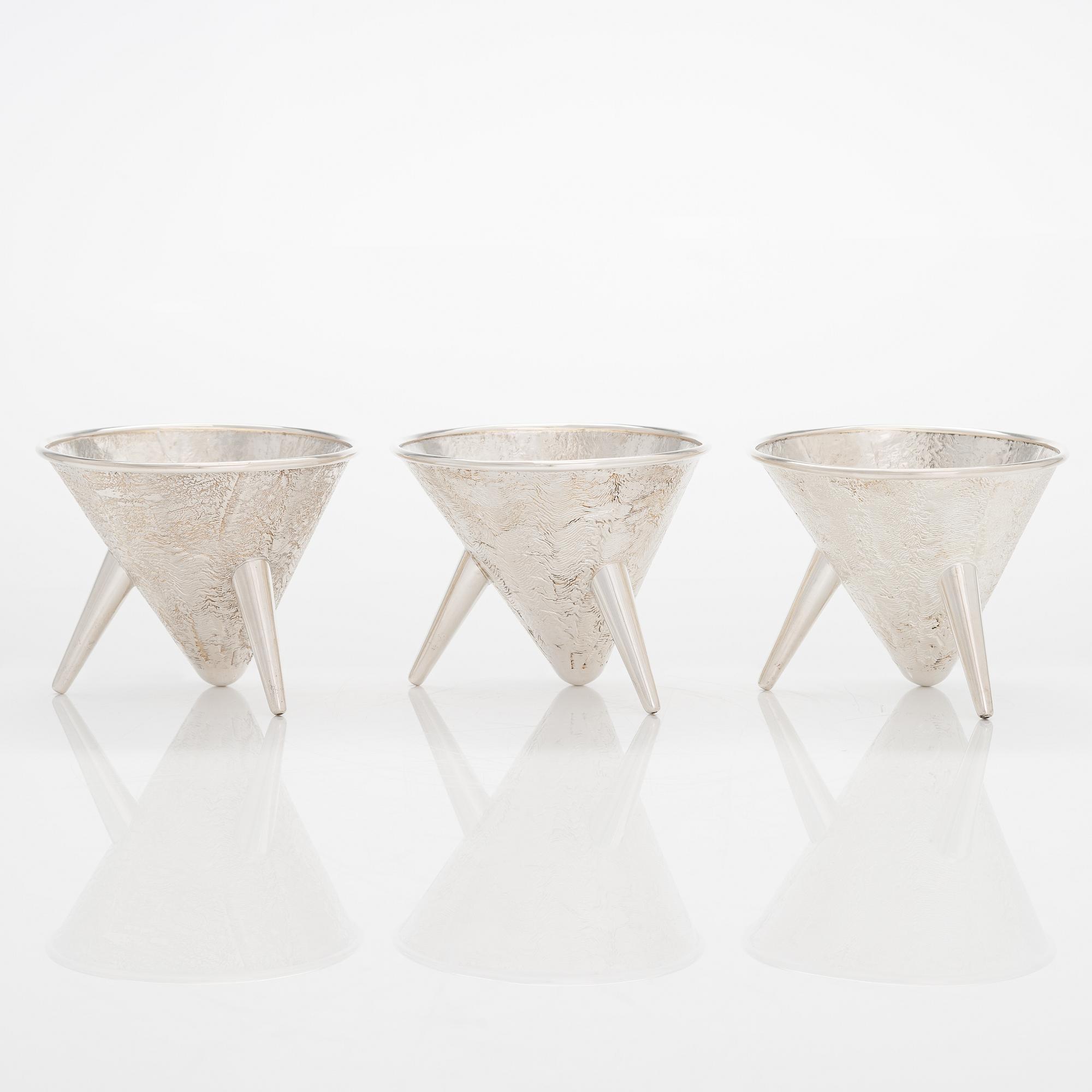 Pekka Turtiainen, a set of three silver bowls, samorodok technique, Finland 1995.