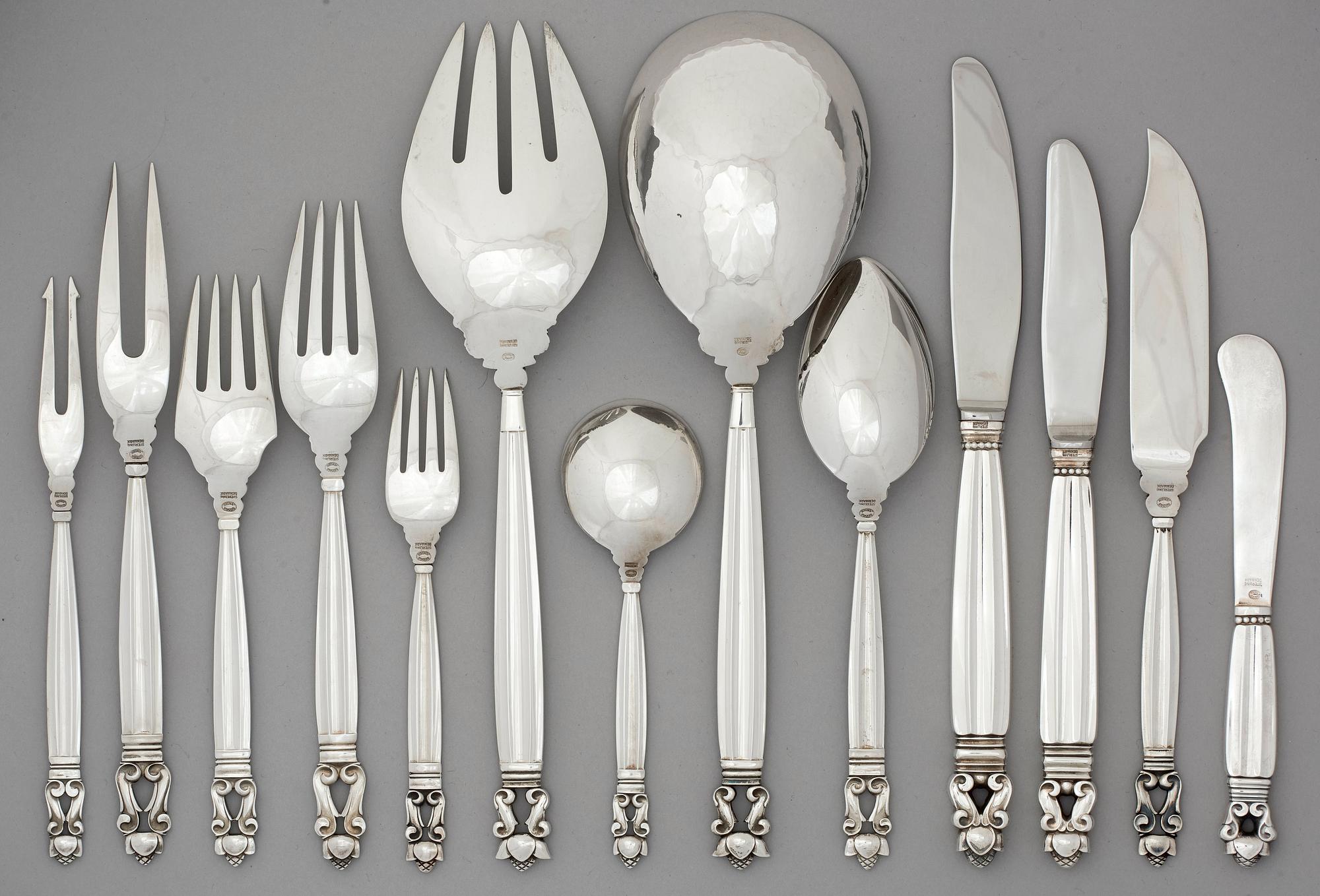 Johan Rohde, a set of 57 pcs of Acorn sterling and stainless steel flatware, Georg Jensen, Copenhagen post 1945.