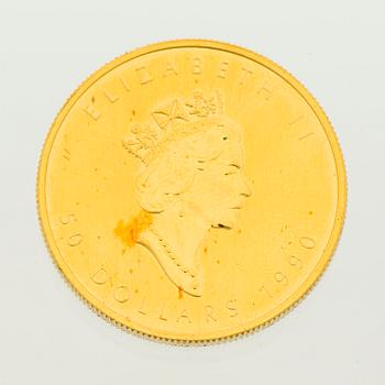 A GOLD COIN, 999 gold, 50 dollars, Elizabeth II, Canada, 1990.