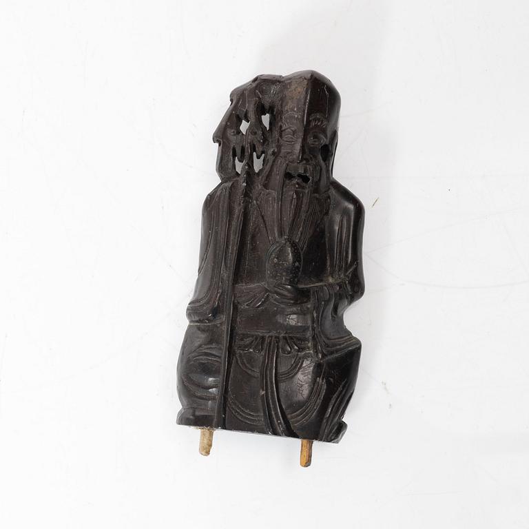 A Chinese green stone brush washer, a carved bone and a soapstone figure, partly Qing dynasty.