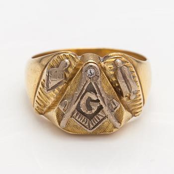 Vapaamuurarisormus, 18K kultaa ja timantti n. 0.02 ct.
