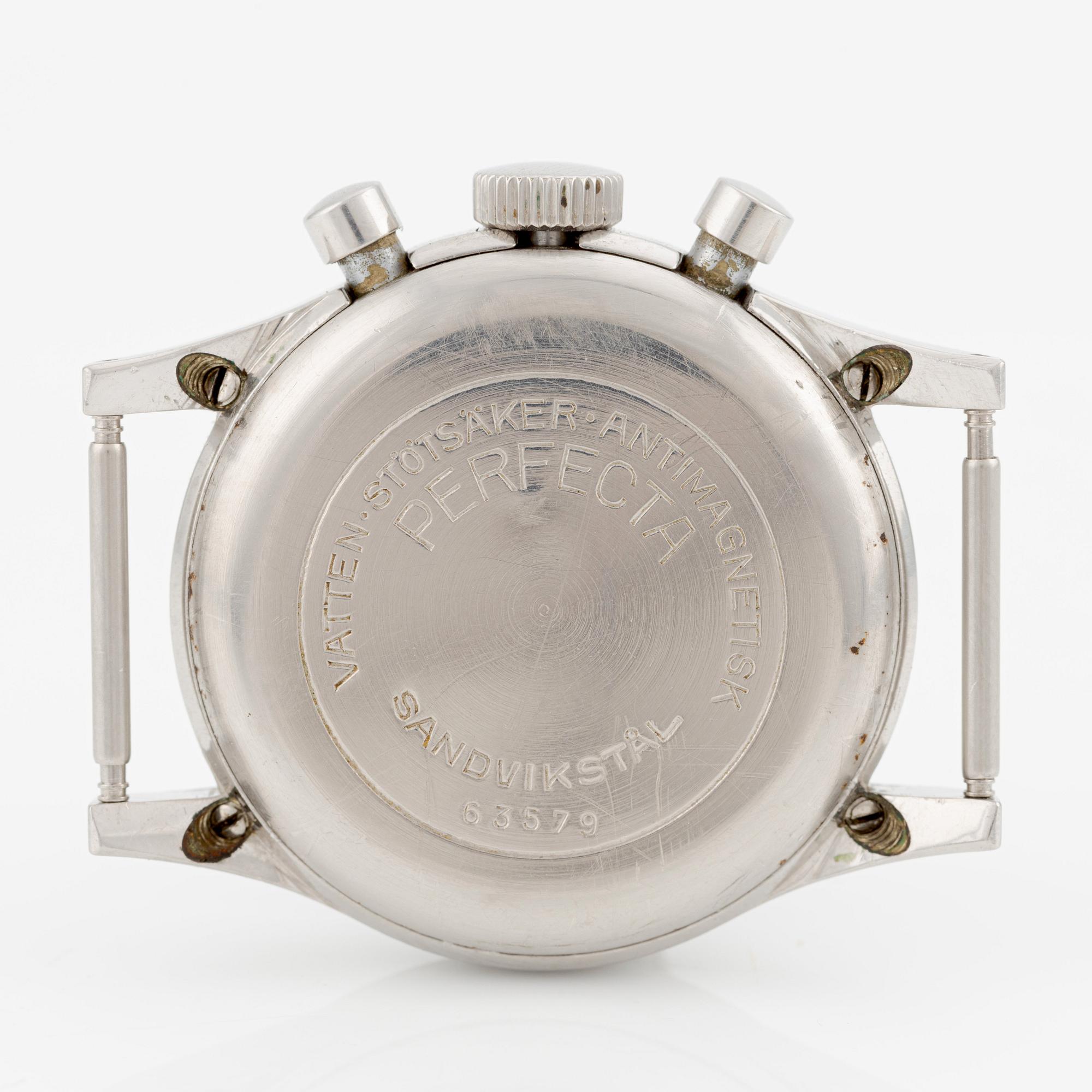Perfecta, "Vatten-stötsäker", "Clamshell", chronograph, ca 1945.