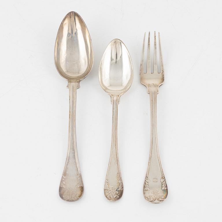 Bestick, 18 st, silver, modell gammal fransk, Sverige 1848-69, bl a JM Corth, Nyköping.
