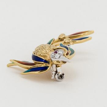 18K gold, enamel, brilliant-cut diamond and ruby bird brooch.