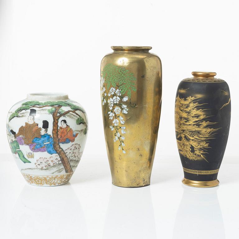 Two Japanese vases and a jar, porcelain and gilt copper, 20th century.