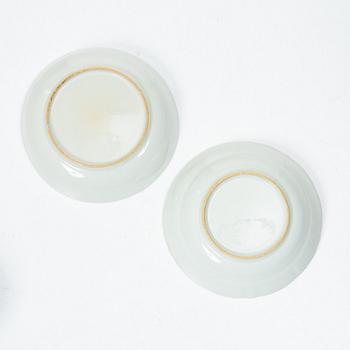 Cups and saucers, 11+7, and a teapot in famille rose with monogram, company porcelain, China, 18th century.