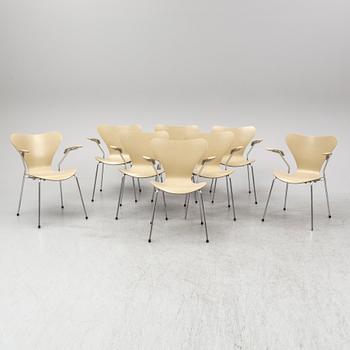 ARNE JACOBSEN, karmstolar, 8 st, "Sjuan", Fritz Hansen, Danmark.