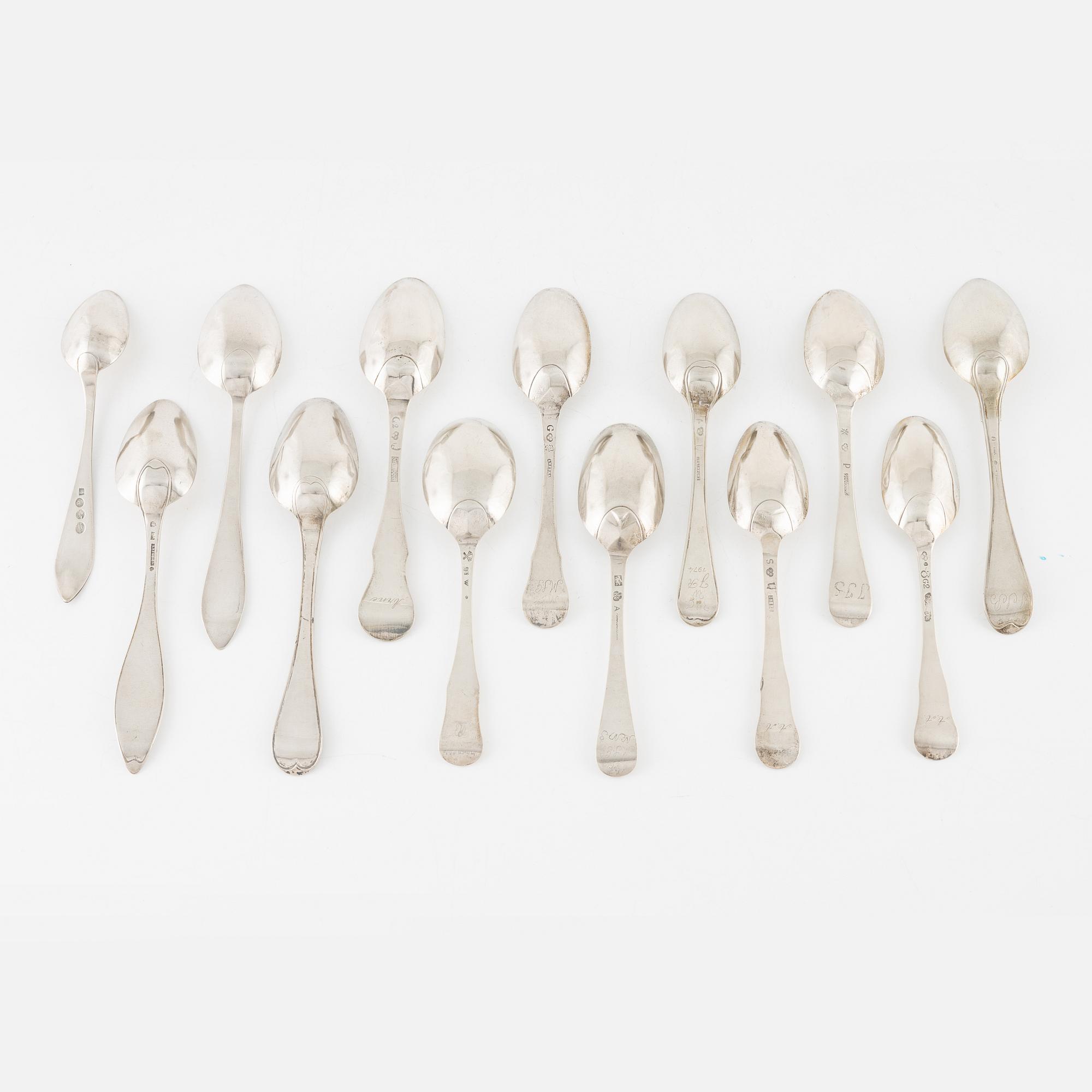 Skedar, 13 st, silver, 1700-1800-tal.