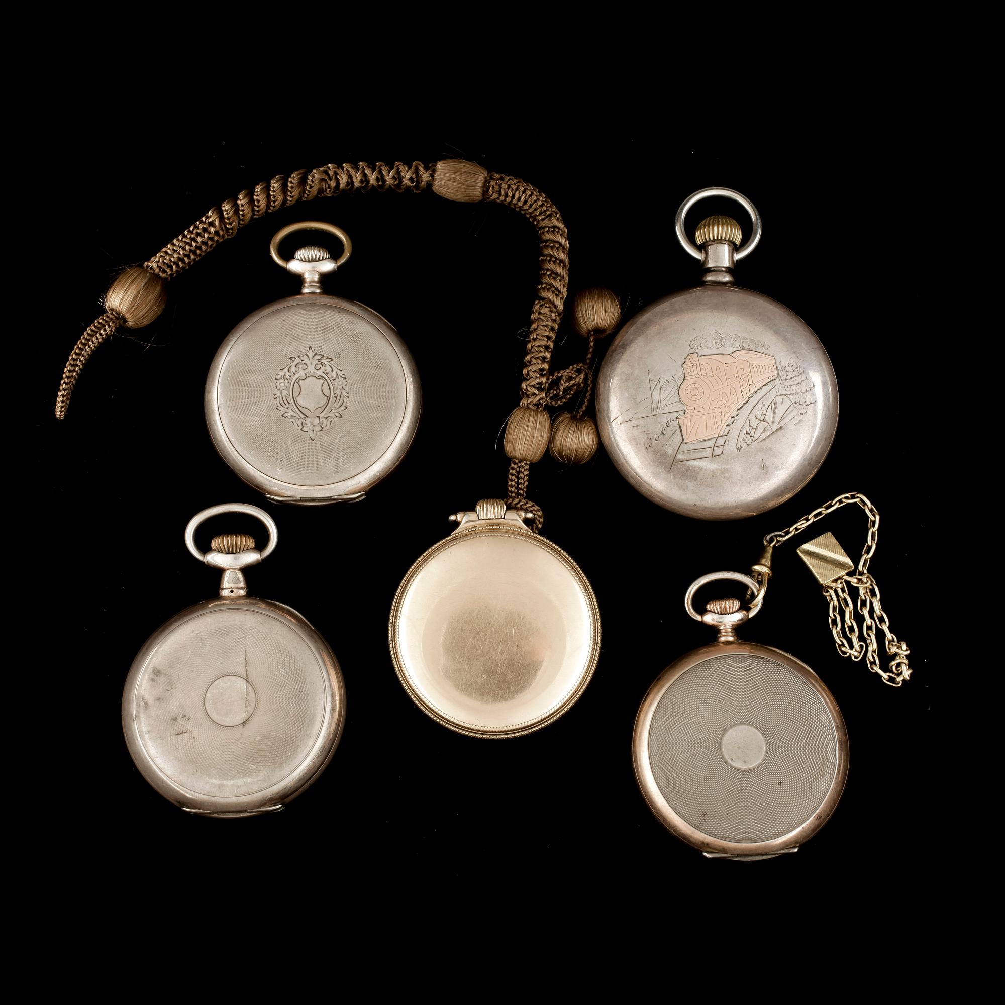 FICKUR, 5st, silver och doublé, bla sk railroad watches, Hamilton Watch Co och Waltham, omkring 1900.