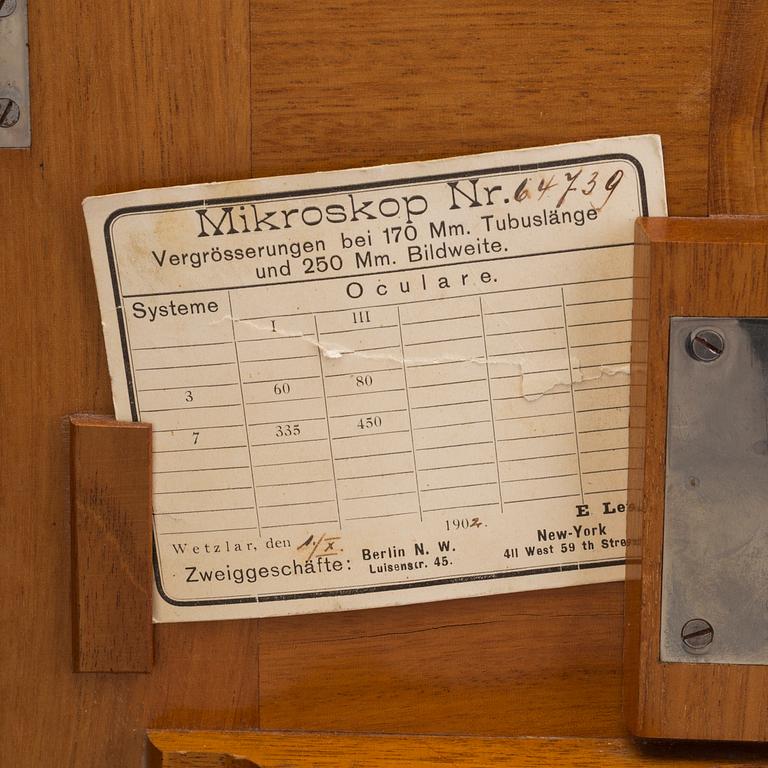 A microscope, signed E. Leitz, Wetzlar, marked and dated label Nr. 64739, 1902.