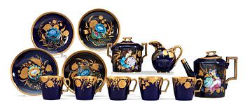 A Russian Coffee service decorated in the 1920's on pieces from the Imperial porcelain manufactory. Signed Z. Kobyletskaya. (7 pieces).