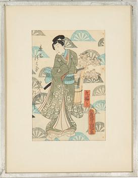 UTAGAWA KUNISADA (TOYOKUNI III) (1786–1864), ALBUMBLAD från BOK, sex blad, färgträsnitt. Japan, 1800-tal.