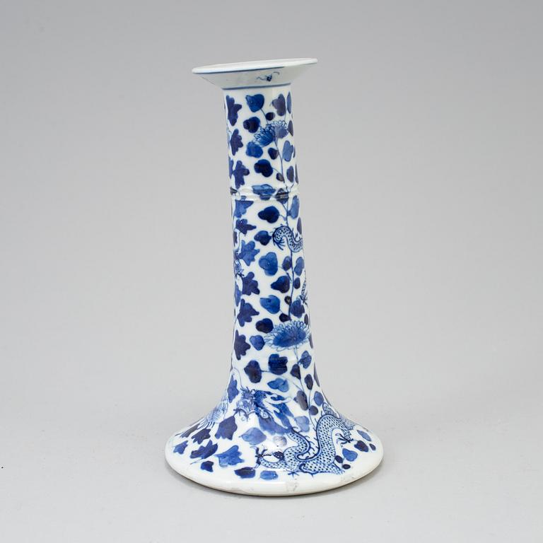 Four chinese 19th century blue and white porcelain candle holders. Qing dynasty.