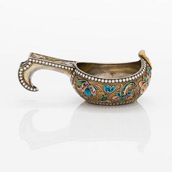 A Russian shaded cloisonné enamelled and gilt silver kovsh, mark of Vasily Andreyev, Moscow 1899-1908.