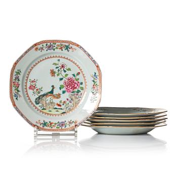 1039. A set of six famille rose double peacock plates, Qing dynasty, Qianlong (1736-95).