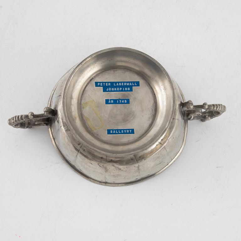 A pewter brandy-bowl, mark of Petter Lagerwall, Jönköping 1745.