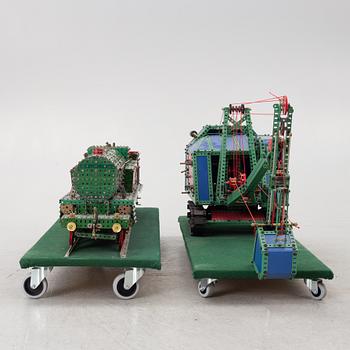 Meccano, locomotive and excavator.