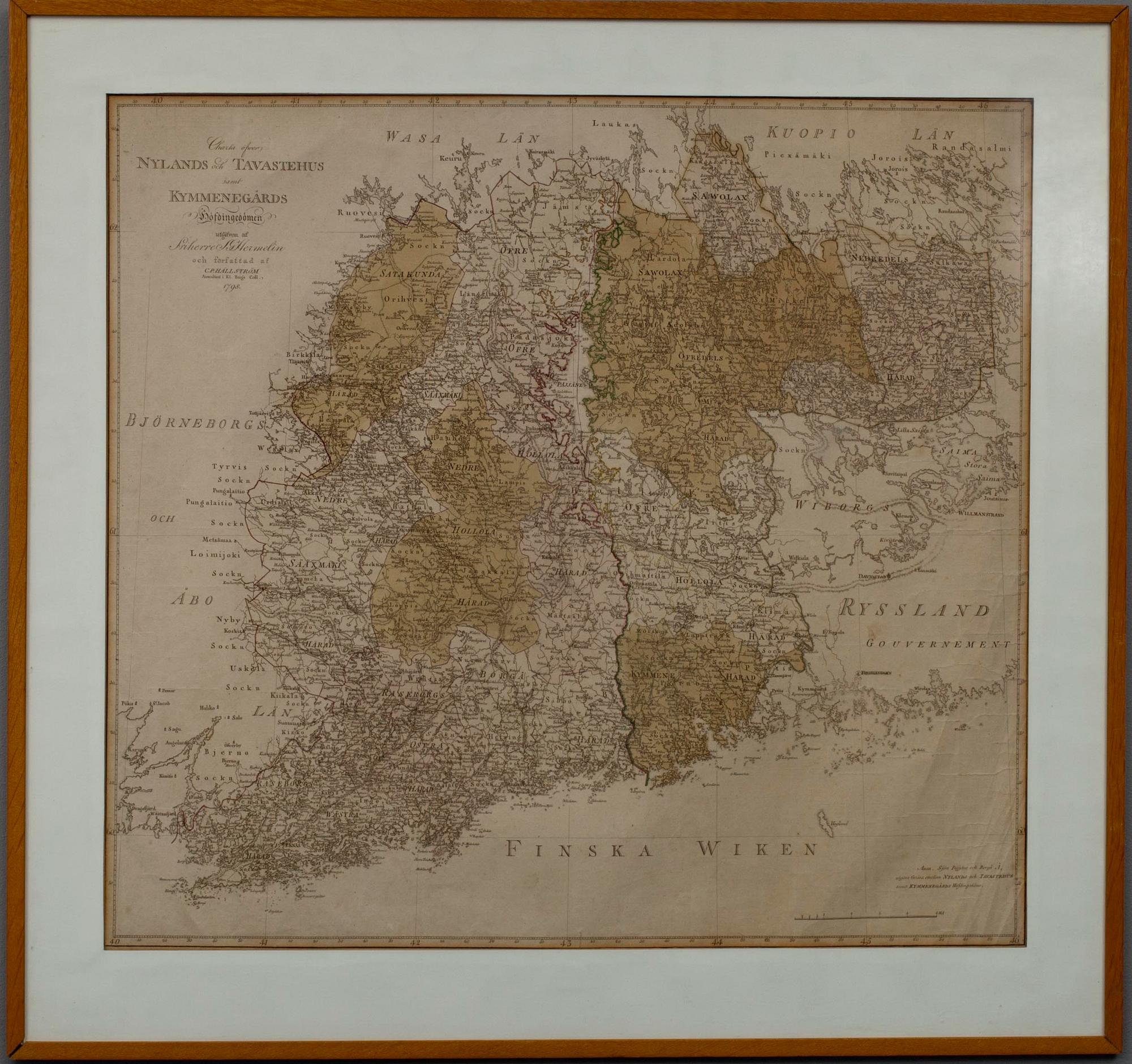 KARTA, Charta öfwer Nylands och Tavastehus samt Kymmenegårds Höfdingedömen, C.P Hällström 1798.