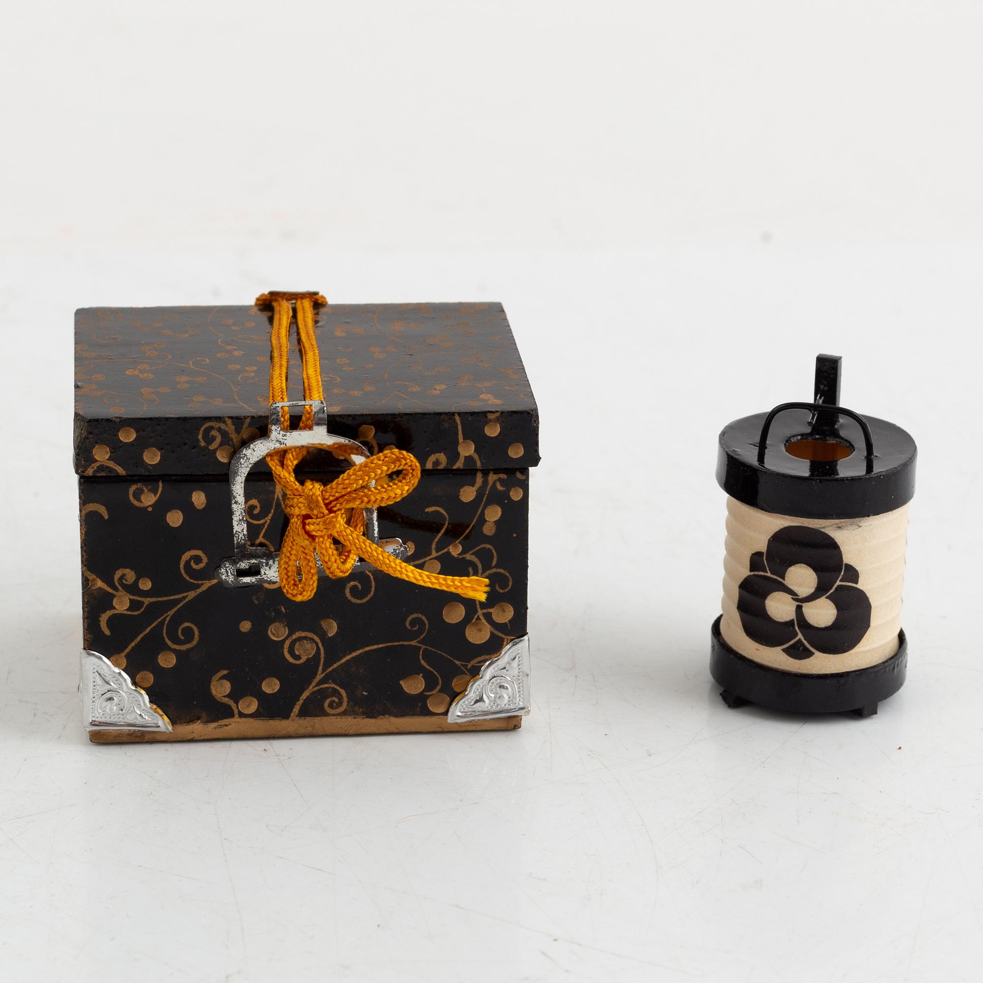 Doll, doll furniture, and table screen, Japan, wood, lacquer and paper, partly Showa, 20th century.