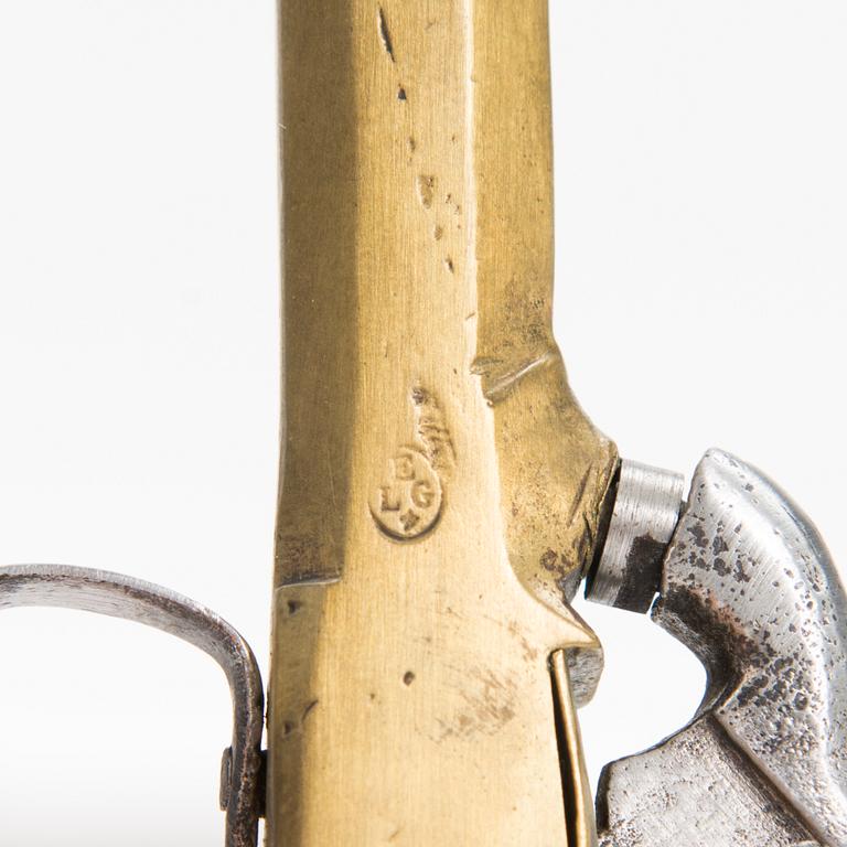 A mid 19th Century cased Belgian percussion pistol.