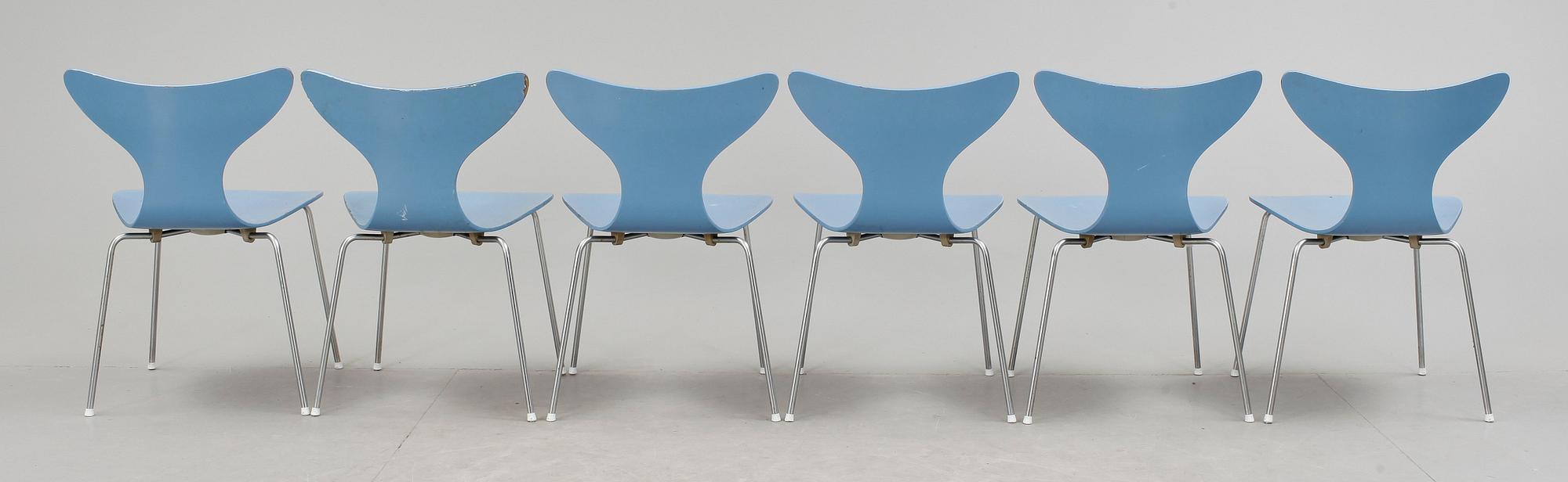 STOLAR, 6 stycken, "Liljan", Arne Jacobsen, 1970-tal.