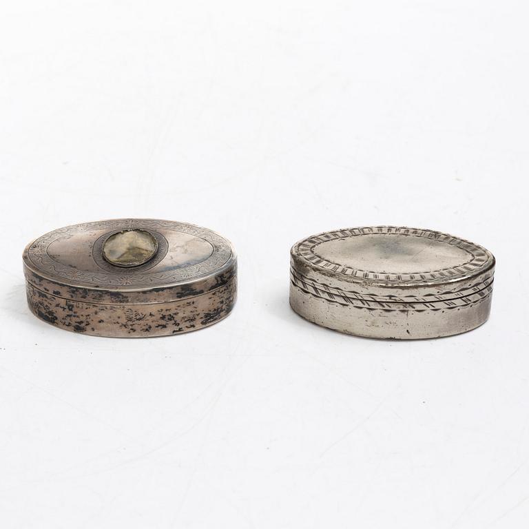 Five silver boxes, 19th century.