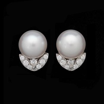 106. A pair of South sea pearl earrings set with brilliant cut diamonds, tot. 0.78 ct.